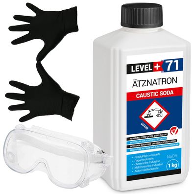 Kaustisches Soda Flasche 1x1kg Ätznatron + Schutzbrille + Handschuhe L+71