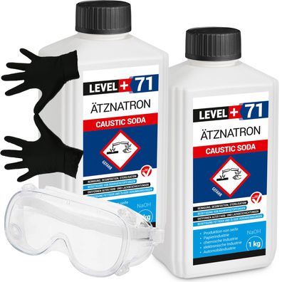 Kaustisches Soda Flasche 2x1kg Ätznatron + Schutzbrille + Handschuhe L+71