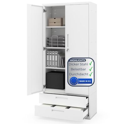 Metallschrank mit Doppel-Schublade RUEL 195x90x40cm Weiß