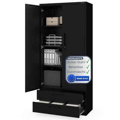 Metallschrank mit Doppel-Schublade MEGAN 195x90x40cm Schwarz