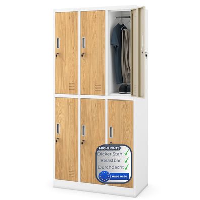 Umkleideschrank Spind IGOR 6 Abteile 185x90x45cm Wei?-Goldene Eiche