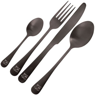 NGT Campingbesteck 4 tlg., eloxiert mit Karpfenaufdruck, Neoprenetui, Grau
