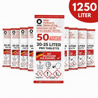 50 Trinkwasser Tabletten je 25L Wasserreinigungstabletten Camping Reise Notfall
