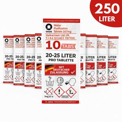 10 Trinkwasser Tabletten je 25L Wasserreinigungstabletten Camping Reise Notfall