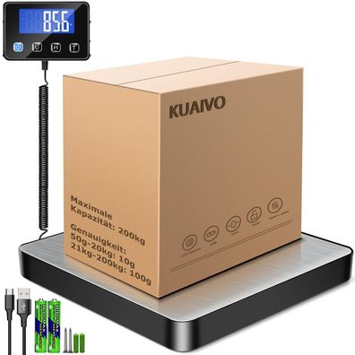 KUAIVO Paketwaage 200 kg 10 g Plattformwaage Edelstahl LCD Hold Tara