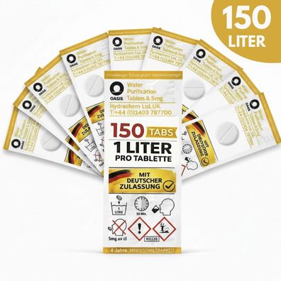 150 Trinkwasser Tabletten je 1L, Wasserreinigungstabletten Camping, Reise Chlor