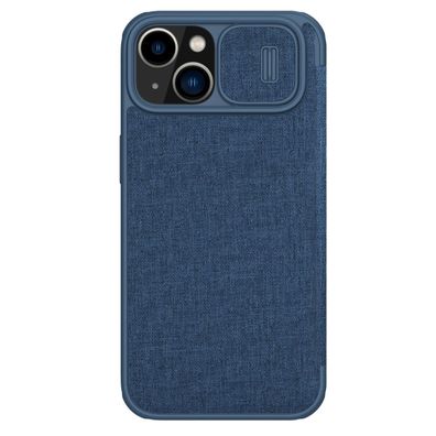 Nillkin Qin Cloth Pro Hülle für iPhone 14 Plus, blaue Klapp-Hülle mit Kameraschu