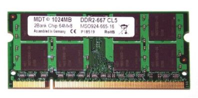 MDT Arbeitsspeicher Notebook-Speicher RAM 1GB DDR2 667 MHz MSO924-667-16