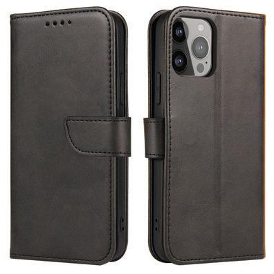 iPhone 15 Pro Magnet Case - Klappbarer Portemonnaie-Standhülle in Schwarz