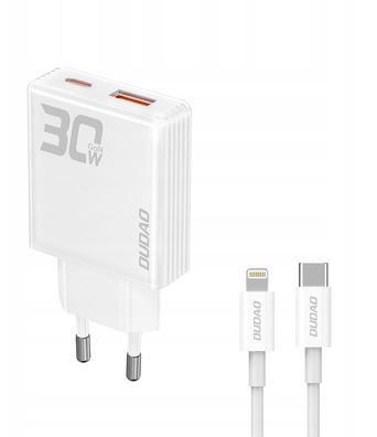GaN-Netzteil Dudao A30EUL 30W USB-A / USB-C + USB-C zu Lightning Kabel - Weiß