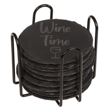 12 Schiefer Getränke Untersetzer Wine Time, Rund mit Halter, Laserdruck Weinglas