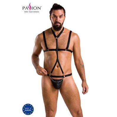 Tanga lederartig mit Choker und Harness Metallringe Kette Andrew schwarz