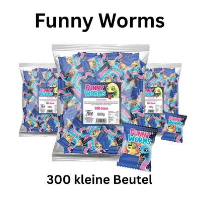 300x Funny Worms Fruchtgummi einzeln verpackt Party Großpackung