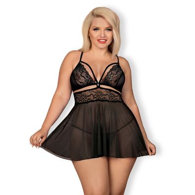 Babydoll aus filigranem Mesh mit passendem Tanga XXL schwarz