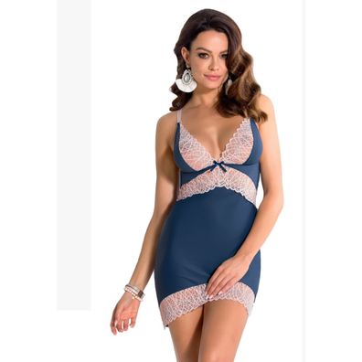 Chemise Strechtmaterial mit pinker Spitze und String Selina marineblau