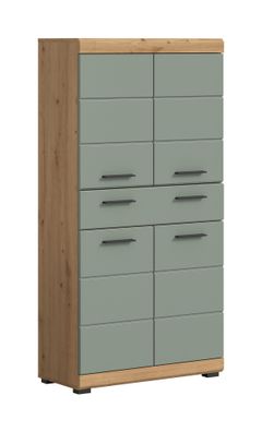 Badmidischrank in Salbei und Artisan Eiche Nachbildung