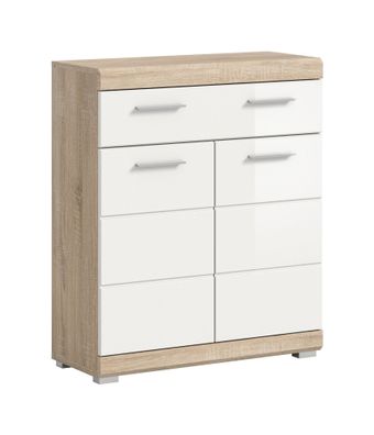 Standschrank breit (B/H/T 74x88x31) in weiß Hochglanz und Sonoma Eiche hell