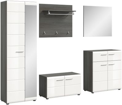 Garderobenkombination in Rauchsilber Nachbildung und weiß Hochglanz tiefzieh