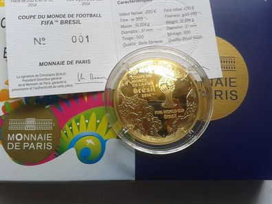 200 euro 2014 PP Gold Frankreich 31,1g 1 Unze 999er Gold FIFA WM Brasilien Nr. 1