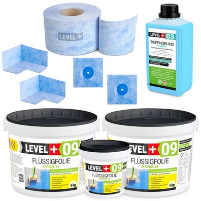 Dicht-Set für Bad Dusche Balkon Abdichtung Dichtband Flussigfolie 9,5kg LEVEL+ SET65