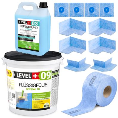 Dichtset LEVEL+ 20kg Abdichtung Balkon Bad Dusche Flussigfolie Spezial LEVEL+ SET69
