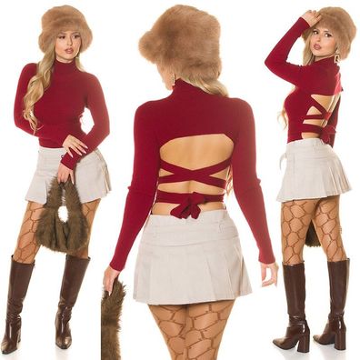 SeXy Miss Damen Girly langarm Strick Pulli Shirt Rückenfrei 34/36/38 bordeaux TOP