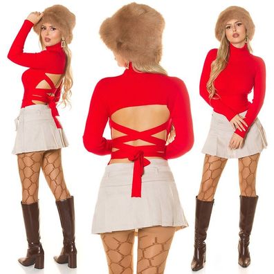 SeXy Miss Damen Girly langarm Strick Pulli Shirt Rückenfrei 34/36/38 rot TOP