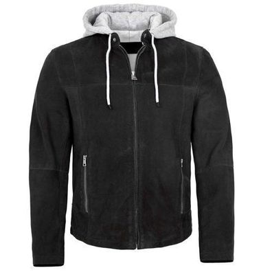 Milestone - Herren Lederjacke Kapuze Lammvelour schwarz