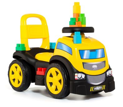 3-in-1 Rutscherauto LKW gelb mit Klemmbausteinen, Kinderfahrzeug mit Spielzeug : gelb