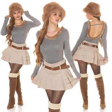 SeXy Miss Damen Fein Strick Pulli Shirt Kunstfell Rückenfrei 34/36/38 grau TOP
