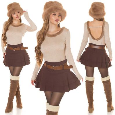 SeXy Miss Damen Fein Strick Pulli Shirt Kunstfell Rückenfrei 34/36/38 beige TOP