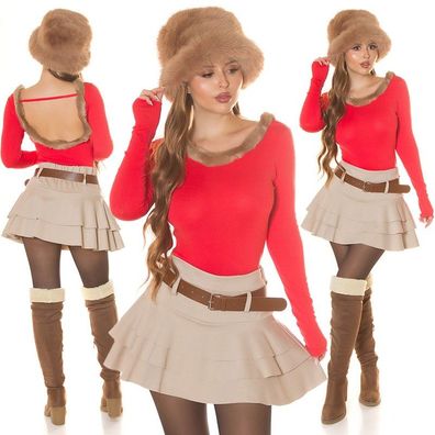 SeXy Miss Damen Fein Strick Pulli Shirt Kunstfell Rückenfrei 34/36/38 coral TOP