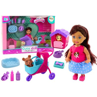 Leantoys Laleczka Z Psami Lalka Piesek Buda Akcesoria Ró?owe Szczeniak 16 ele