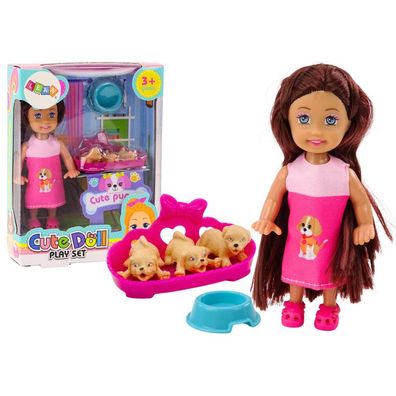 Leantoys Mini Laleczka D?ugie W?osy Sukienka Trzy Pieski Legowisko