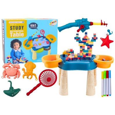 Leantoys Wielofunkcyjny Stolik 4w1 Klocki ?owienie Ryb Rysowanie Niebieski