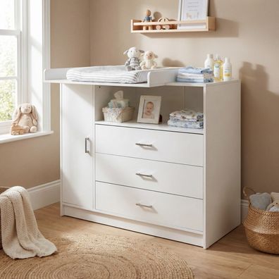 Wickelkommode mit Wickelaufsatz, Babykommode mit 3 Schubladen + 1 Tür Weiß