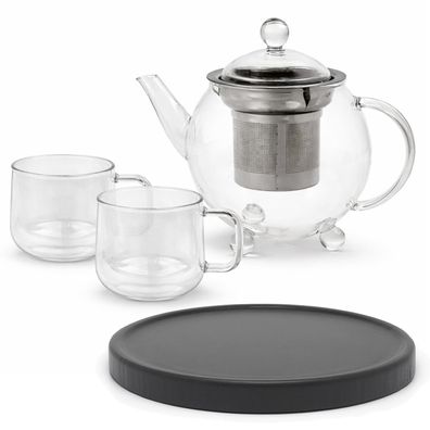Bredemeijer Mini Glas-Teekanne 0,5L einwandig 2 Teegläser & Untersetzer schwarz