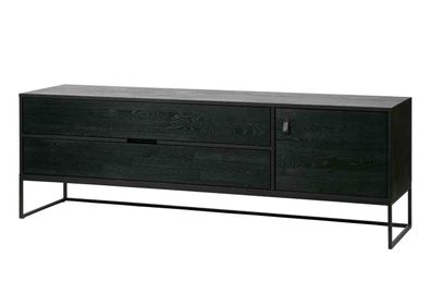 TV Board Silas aus Eschenholz, modernes Design, schwarz, Metallgestell und