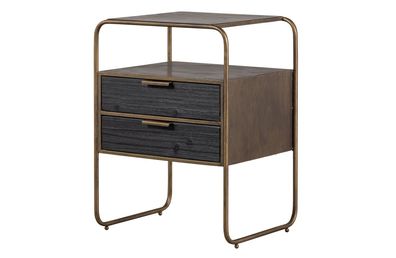 Nachttisch Polite aus Holz und Metall, elegant, Gold Messing, zwei Schubladen,