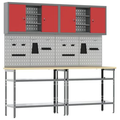 vidaXL Werkbank-Set 8 pcs Rot und Grau Pulverbeschichteter Stahl