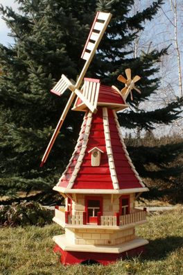 Große Gartenwindmühle aus Holz 130 cm - 6-eckig, drehbar, mit Solarlicht & bewegliche