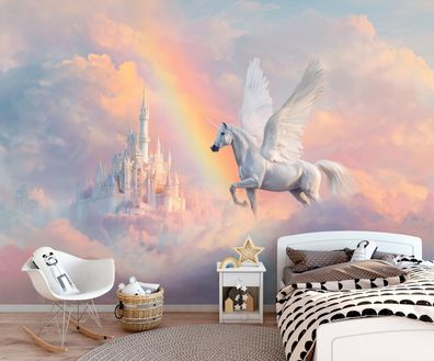 Vlies Fototapete Kinderzimmer Einhorn Rosa Regenbogen TAPETE XXL Mädchen Jungen
