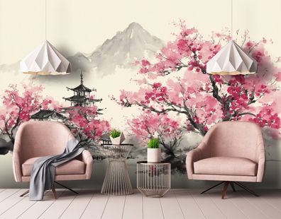 Vlies Fototapete Kirschblüten Weiß Berge Schwarz TAPETE XXL Mädchen Jungen