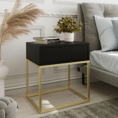 AX LIVING Nachttisch Kommode Aleio Schwarz mit goldenem Metallgestell