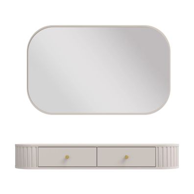 AX LIVING Schminktisch Halay Beige 2 Schubladen mit runden Kanten + Spiegel