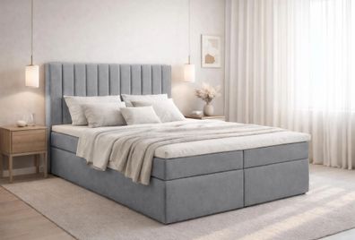 AX LIVING Stauraum Boxspringbett Grau 180x200 cm mit Topper Bursa Doppelbett