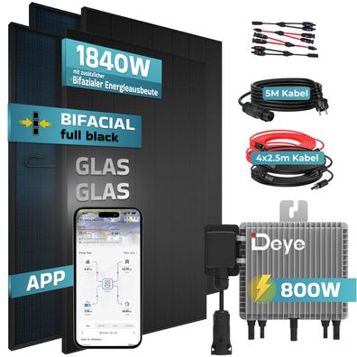 SUNNIVA® Balkonkraftwerk 1840W/800W Solaranlage DEYE 800W Bifazial Fullblack