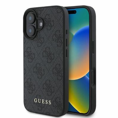Hülle iPhone 16 Guess Kunstleder grau Muster Logo goldfarbig