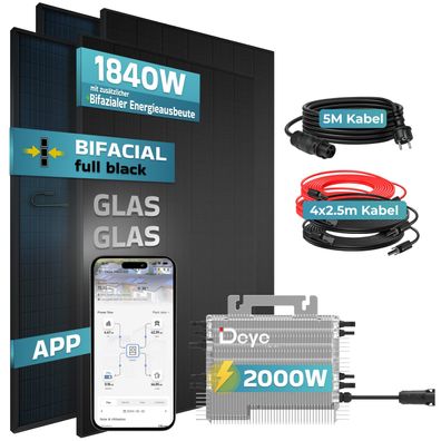 SUNNIVA® Balkonkraftwerk 1840W/2000W Solaranlage DEYE 2000W Bifazial Fullblack