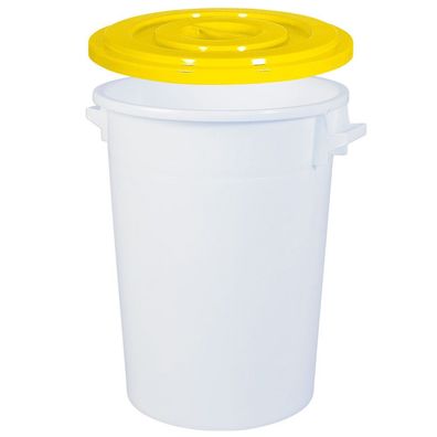 100 Liter Kunststofftonne / Rundtonne weiß, Deckel gelb, ØxH 520/415x670 mm